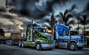 two blue and green freight trucks, trucks, digital art, Truck, vehicle
