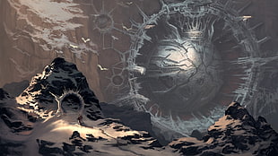 mountain covered with snow near UFO digital wallpaper, fantasy art HD wallpaper