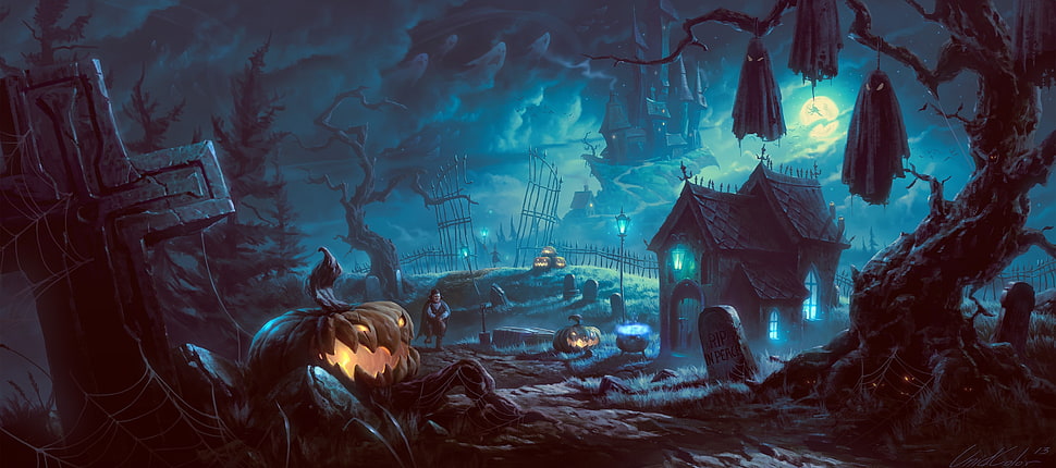 halloween house poster, artwork, fantasy art, Halloween, pumpkin HD wallpaper