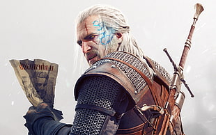 white haired man carrying sword illustration, video games, The Witcher 3: Wild Hunt