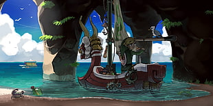 red boat illustration, The Legend of Zelda, Link, sea, seagulls