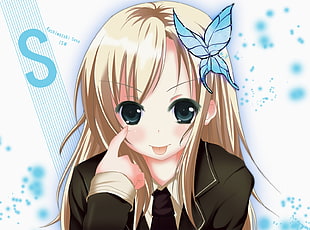 anime charcter in blonde hair and black school uniform