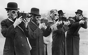 grayscale photo of men wearing gas masks and holding cameras, gas masks, camera, monochrome