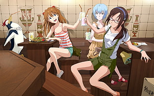 three anime women sitting on chair HD wallpaper