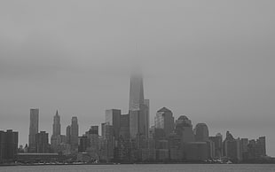 grayscale photo of cityscape, mist, monochrome, One World Trade Center, skyscraper