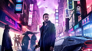 men's black jacket, Blade Runner 2049, Ryan Gosling, neon, futuristic