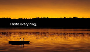 calm body of water with i hate everything text overlay, quote