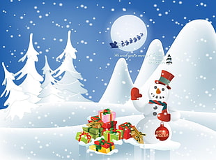 snowman beside gifts illustration HD wallpaper
