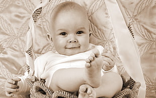 sepia photo of baby, sepia, barefoot, smiling, baby