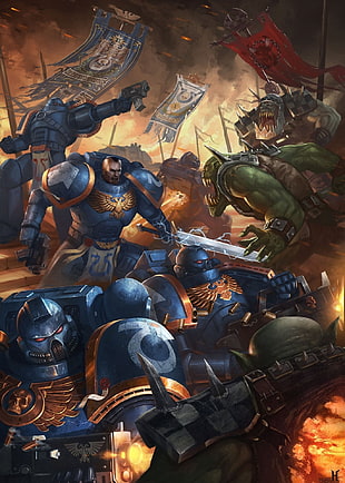 solider and orc wallapper, Warhammer 40,000, Ultramarines HD wallpaper