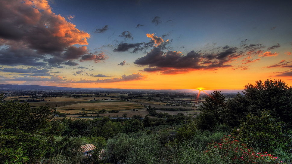 green farm, sunset, clouds, nature, landscape HD wallpaper