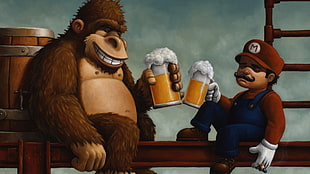 Donkey Kong and Mario drinking beer