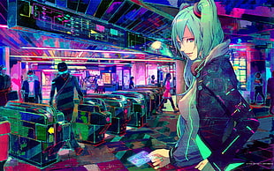 cyberpunk, headphones, Vocaloid, train station