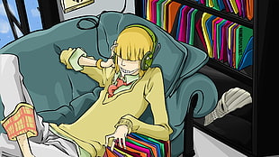 yellow haired male anime character illustration, Bleach, Hirako Shinji, vinyl, headphones