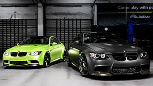 two gray and green BMW coupes, car, BMW, green cars, black cars