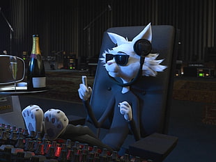 white animated cat character, Rock Dog, cat, headphones, drinking glass