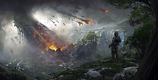 soldier standing in front of crashing plane digital wallpaper, video games, Titanfall 2, spaceship, soldier HD wallpaper