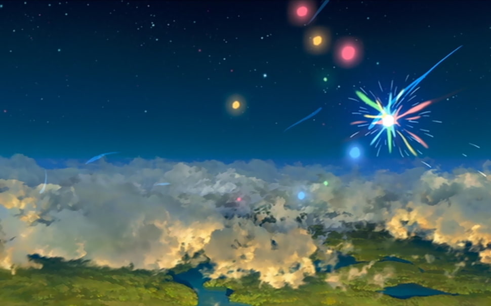 white clouds, digital art, fireworks, sky, clouds HD wallpaper