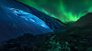 Aurora Borealis, landscape, mountains, stream, rock HD wallpaper