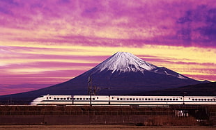 white bullet train and white and black mountain, Mount Fuji, train, landscape, Japan HD wallpaper