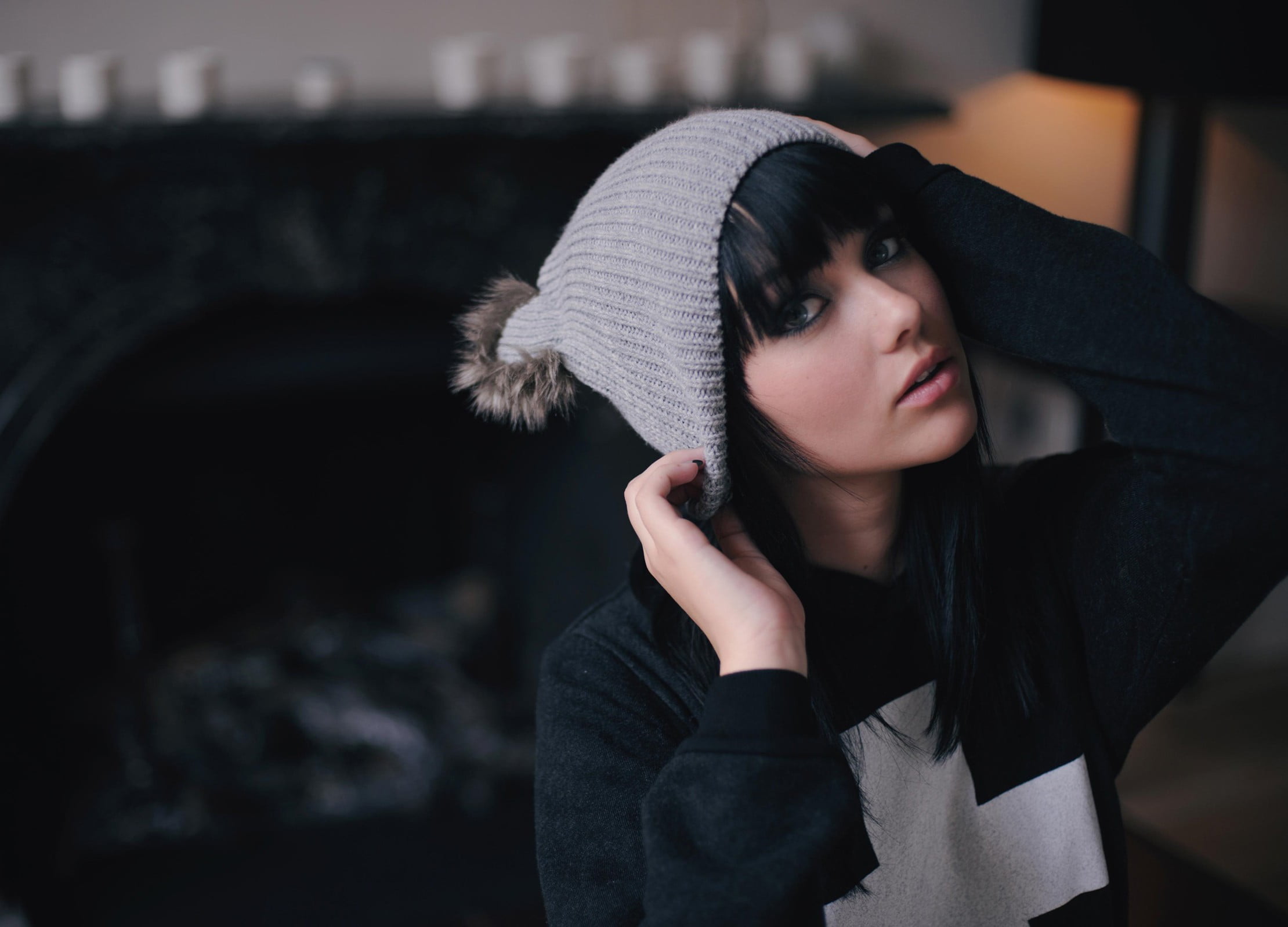 woman wearing his gray knit hat, Melissa Clarke, black hair, women, model