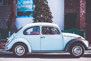 blue Volkswagen Beetle, Car, Retro, Side view