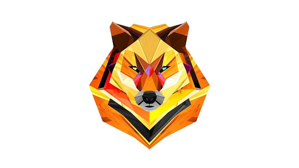 orange and yellow fox bust paperweight, artwork, Justin Maller, Facets, wolf HD wallpaper