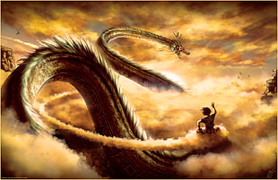 Goku riding on nimbus cloud with Shen Long digital wallpaper, Dragon Ball HD wallpaper