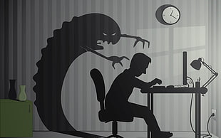man in computer desk with creature on his back illustration HD wallpaper
