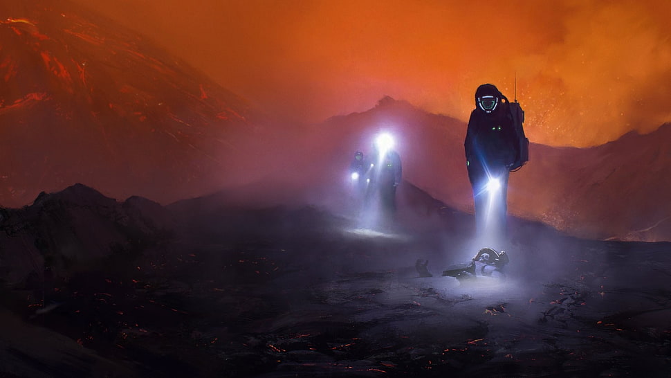 man wearing spacesuits exploring, artwork, fantasy art, concept art, lava HD wallpaper