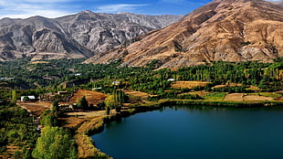 mountains and lake, Iran, village, landscape, Ovan Lake HD wallpaper