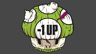 green and white 1 UP mushroom illustration, evil, evil mushroom, Super Mario