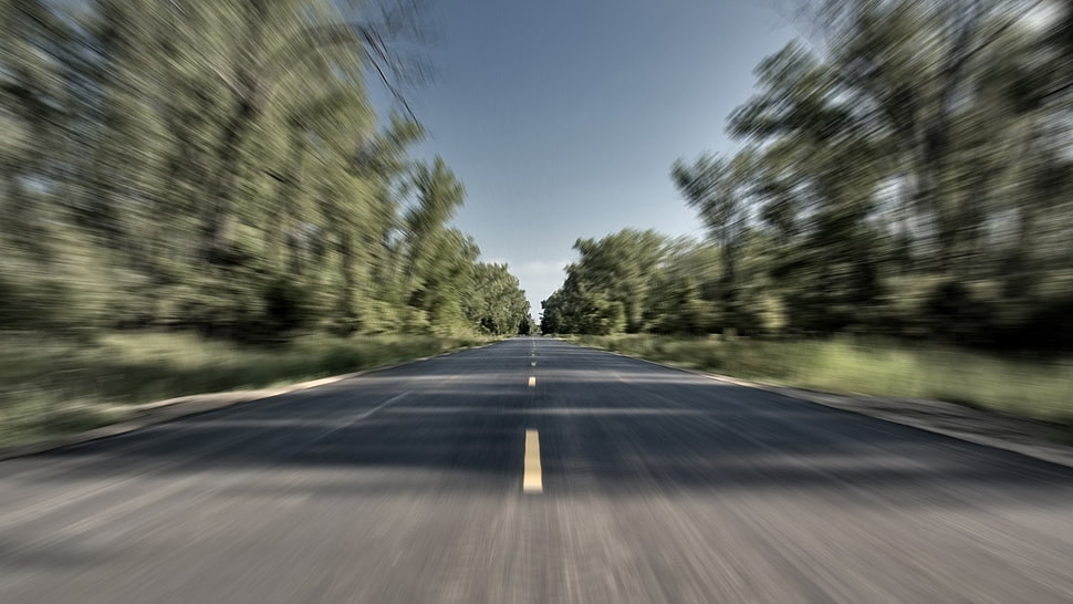 gray concrete road, trees, road, long exposure HD wallpaper