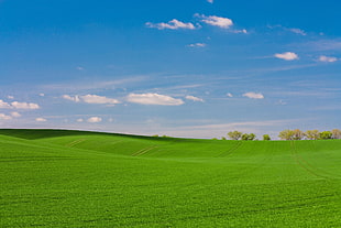 white and green water falls, green, grass, sky, clouds