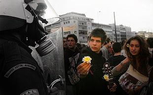 white and yellow flower, police, riots HD wallpaper
