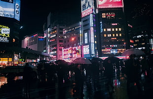 white umbrellas, urban, rain, Asia, cityscape