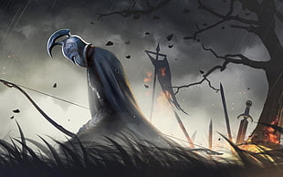 knight illustration, The Hobbit: Kingdoms of Middle-earth, sword, trees, rain