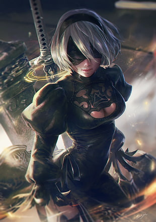white-haired female with black blindfold and sword illustration HD wallpaper