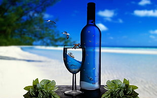 blue wine bottle and wine glass, digital art, leaves, beach, bottles