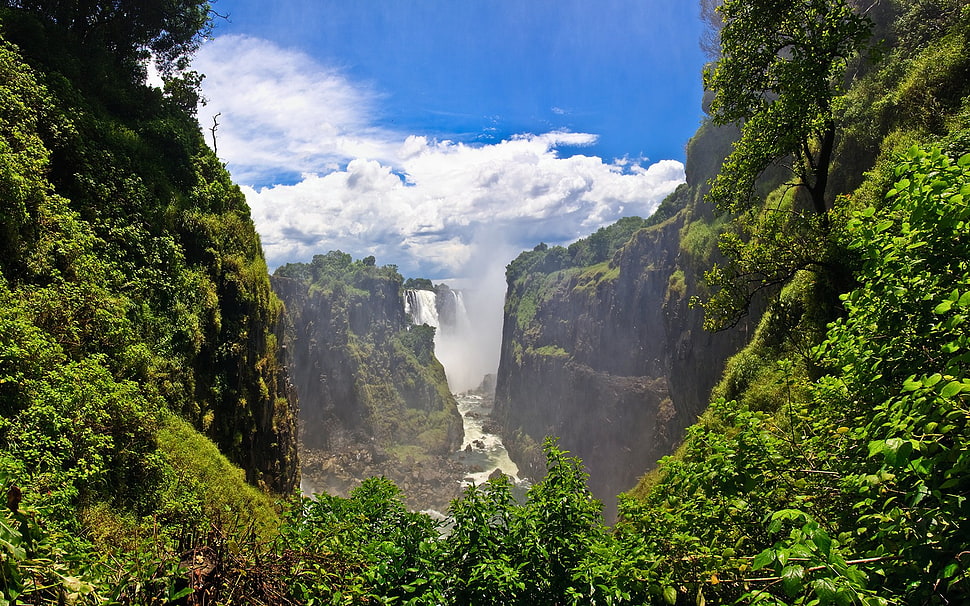 waterfalls beside mountains, nature, landscape, waterfall, valley HD wallpaper