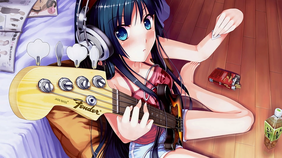 black haired female anime character playing guitar HD wallpaper