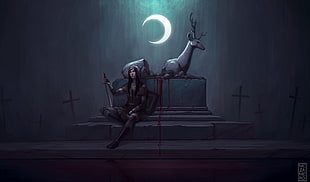swordsman sitting beside deer statue digital wallpaper, artwork, fantasy art, Superbrothers: Sword & Sorcery EP HD wallpaper
