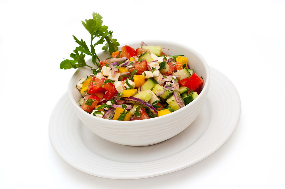 vegetable salad dish filled white ceramic bowl with plate HD wallpaper