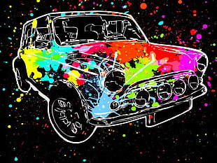 multicolored vehicle painting, car, paint splatter, colorful