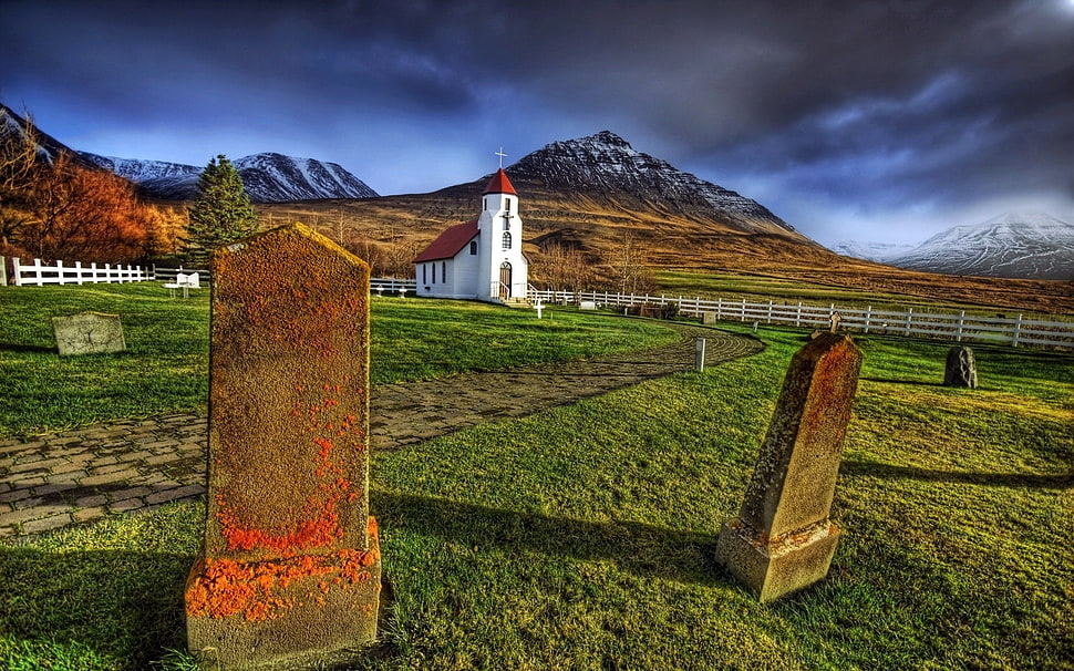two gray tombstone near the chapel HD wallpaper