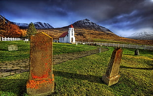 two gray tombstone near the chapel HD wallpaper