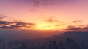 sunrise, Grand Theft Auto V, sunset, sea, city