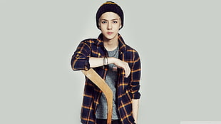 men's blue knit cap, K-pop, Sehun, Exo, plaid HD wallpaper