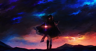girl with cape under dark skies