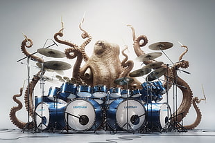 blue and white drum set, digital art, humor, creativity, animals